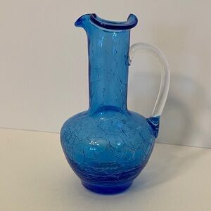 Vintage Blue Crackle Glass Pitcher Vase Hand Blown Art Glass 5”